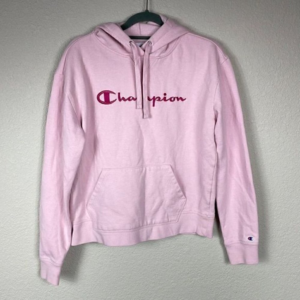 Champion Soft Fleece Lined Hoodie Sweatshirt Pullover Pink Long Sleeve Sz S